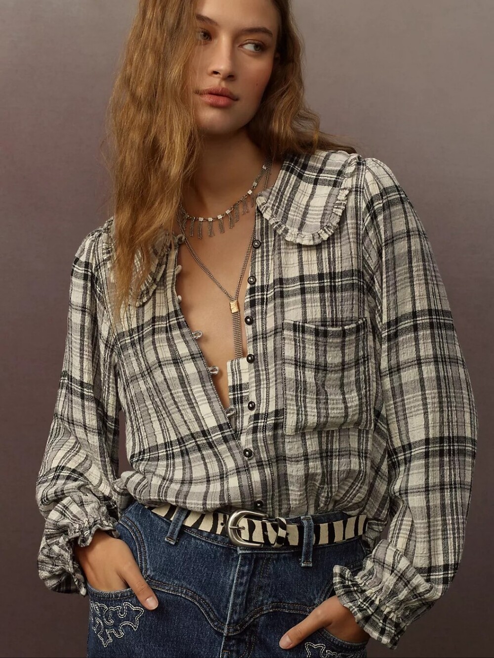 Anthropologie Pilcro Keira Peter Pan Collar Blouse Plaid Long Sleeve Size XXS